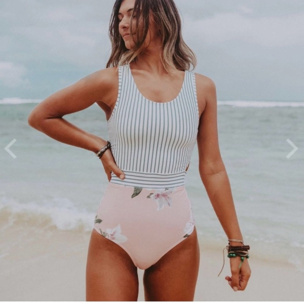 Striped and Floral Women Swim One Piece